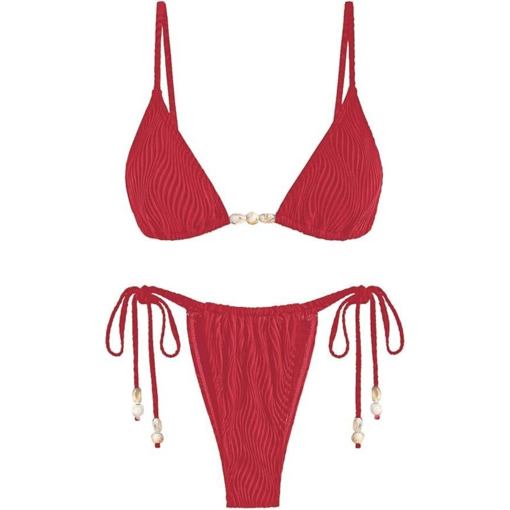 MSRP $46 seamoly Women's XS Red Bikini Set Ribbed Beaded Adjustable Spaghetti